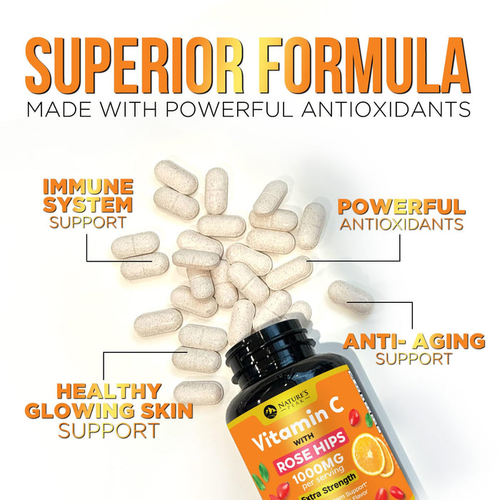 Vitamin C 1000mg Chewable Supplement - Extra Strength Immune Support Vitamin C Dietary Supplement with Rose HIPS, Nature's VitaminC Antioxidant Support, Natural, Vegan, Orange Flavor - 60 Tablets