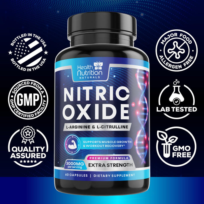 Extra Strength Nitric Oxide Supplement 3X Strength L Arginine, Citrulline Malate, AAKG, Beta Alanine - Premium Muscle Supporting Nitric Booster - Natural Energy & Heart Health Support - 60 Capsules
