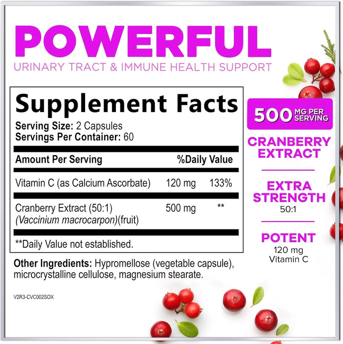 Cranberry Supplement 25,000mg Formula + Vitamin C – Urinary Tract Health Support for Women & Men, 50:1 Whole Fruit Cranberry Extract Pills for Women, Sugar-Free, Non-GMO, Gluten-Free - 120 Capsules