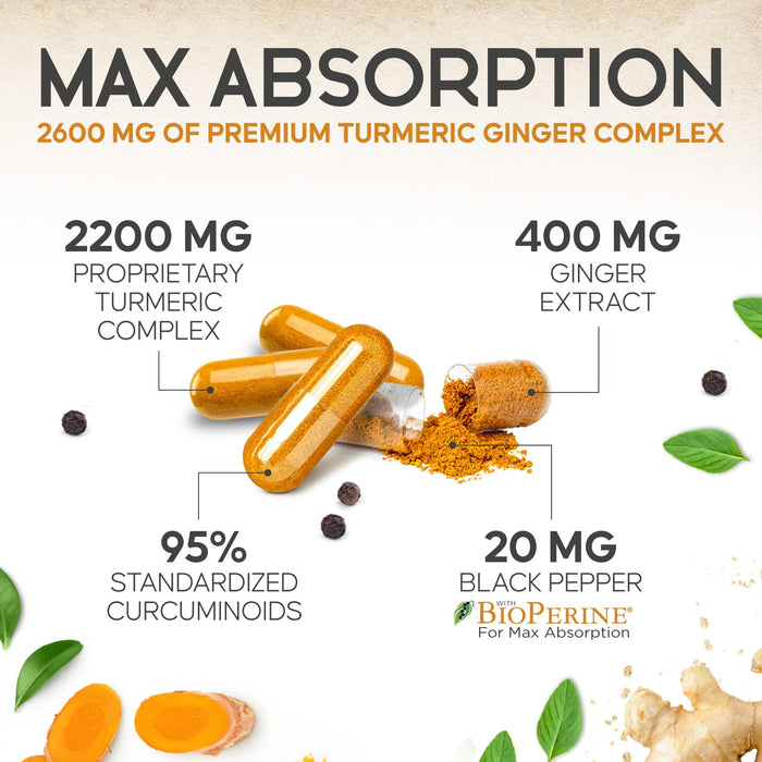 Turmeric Curcumin Supplement 2600mg - with Organic Ginger & Turmeric, 95% Curcuminoids, BioPerine Black Pepper for Best Absorption, Nature's Vegan Joint Support, Non-GMO, Bottled in USA - 120 Capsules