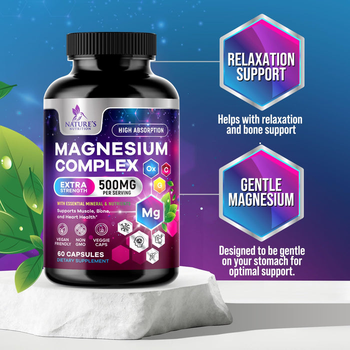 Magnesium Complex Supplement 500 mg - 5 in 1 High Absorption Chelated Magnesium Glycinate, Malate, Citrate, Oxide, Aquamin - Non-GMO Magnesio Capsules, Bone Muscle & Heart Health Support, 60 Capsules