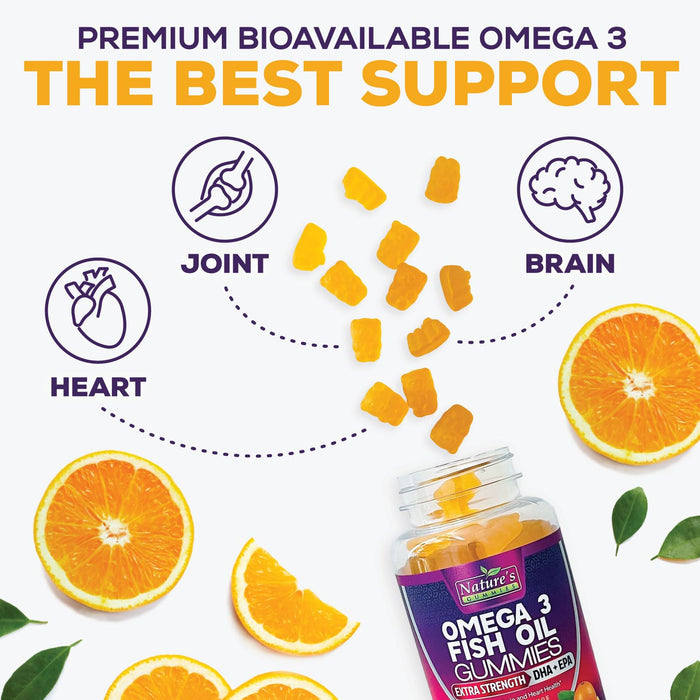 Omega 3 Fish Oil Gummies, Heart Healthy Omega 3 Gummy Supplement with High Absorption DHA & EPA, Extra Strength Joint & Brain Support, Delicious Orange Flavor Fish Oil Nature's Vitamin - 120 Gummies