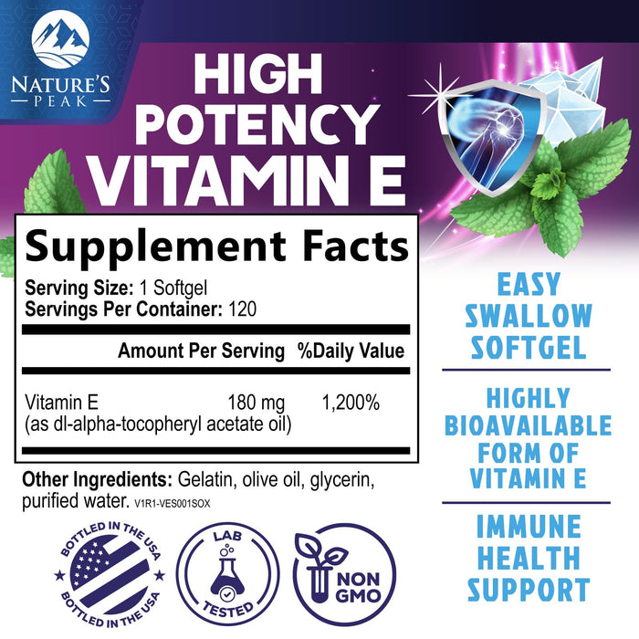 E Vitamin for Women and Men - 180 mg (400 IU) dl-Alpha - Effective Antioxidant Dietary Supplement - Hair, Skin, & Immune Health Support - Easily Absorbed Form, Non-GMO & Gluten Free - 120 Softgels