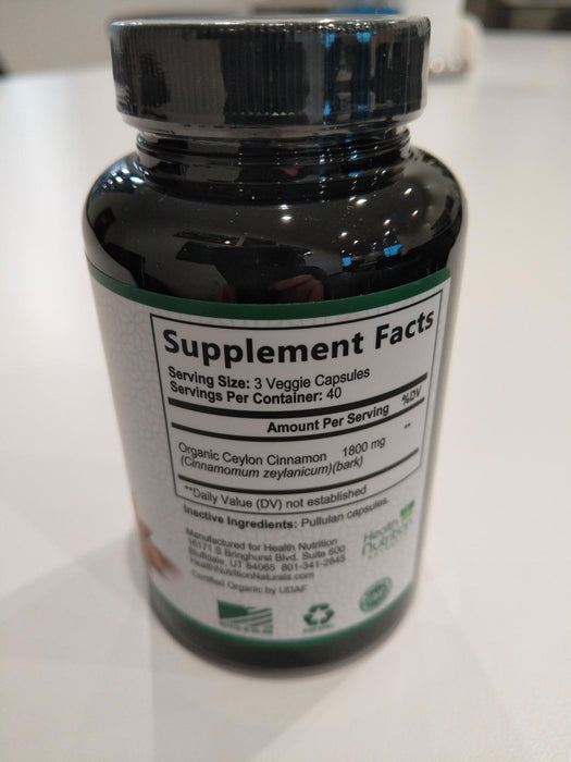 Ceylon Cinnamon Capsules 1800mg - Certified Organic Ceylon Cinnamon Powder Supplement, Bottled in USA, Extra Strength Energy & Heart Support Pills, Non-GMO & Gluten Free, Sugar Free - 120 Capsules