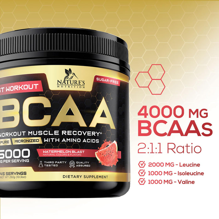 BCAA Powder 4g BCAA Amino Acids 2:1:1, 1g L-Glutamine, Vitamin B6 Complex - Energy Daily Powder Replenisher Post Workout - Muscle Recovery Support Drink for Men & Women, Sugar Free, Keto - 45 Servings