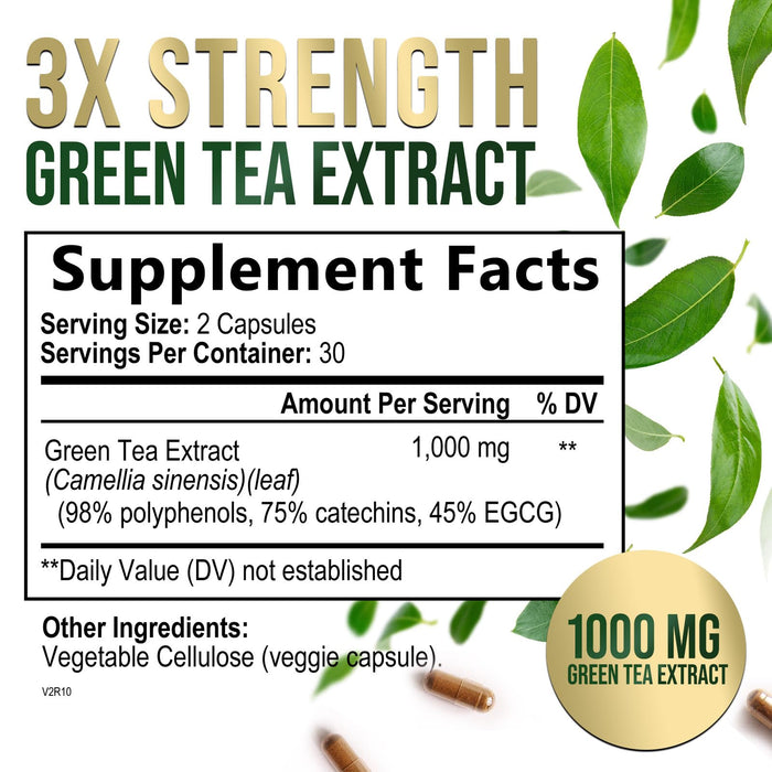 Green Tea Extract Capsules 1000mg 98% Standardized EGCG - 3X Strength for Natural Energy - Heart Support with Polyphenols - Gentle Caffeine - 60 Capsules