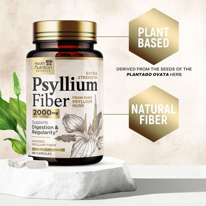 Psyllium Husk Fiber Caps 1500mg Supplement - Psyllium Husk Capsules Daily Support Digestive Health & Regularity, Nature's Plant Based Husks Natural Soluble Fiber Pills, Vegan, Non-GMO - 180 Capsules