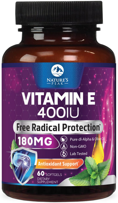 E Vitamin for Women and Men - 180 mg (400 IU) dl-Alpha - Effective Antioxidant Dietary Supplement - Hair, Skin, & Immune Health Support - Easily Absorbed Form, Non-GMO & Gluten Free - 60 Softgels