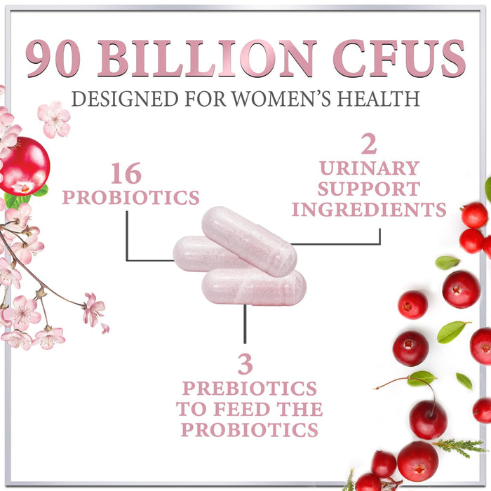 Probiotics for Women Supplement with Cranberry - 16 Premium Strains for PH Balance, Digestive Health, Vaginal & Immune Support, 90 Billion CFU, Women's Probiotic, UT, & Feminine Health - 60 Capsules