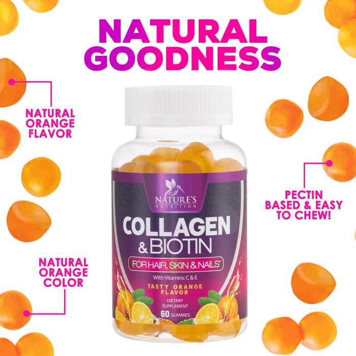 Collagen Gummies with 2500mcg Biotin, Vitamin C & Zinc - Hydrolyzed Collagen Peptide Type 1 & 3 Supplement - Advanced Hair, Skin & Nail Growth Support for Women & Men, Gluten Free, Non-GMO - 60 Count