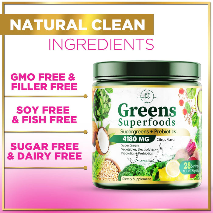 Greens Superfood Powder, Organic Spirulina & Chlorella Greens with Prebiotics & Probiotics, Gut Health & Bloating Support for Women, Green Drink Powder for Digestive & Energy Support - 28 Servings