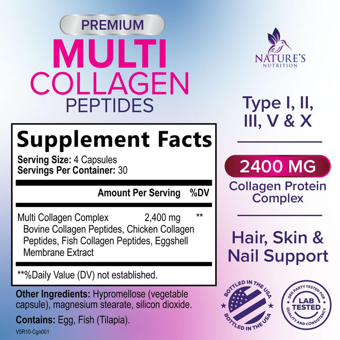 Multi Collagen Peptides Supplement - Hydrolyzed Types I, II, III, V & X Multi Collagen Pills, Hydrolyzed Collagen Peptides Supplements, Hair, Skin, Nail, and Joint Support Supplement, 120 Capsules