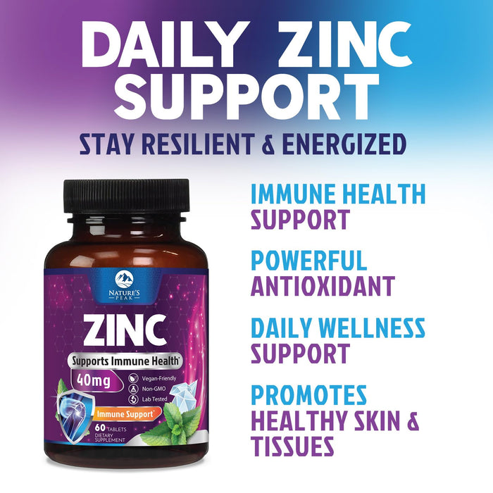 Zinc Supplement 40mg - Immune Support for Women & Men - High Potency Antioxidant, Chelated for Superior Absorption, Dietary Supplement Vitamin for Immune Health Support - 60 Tablets (60 Day Supply)