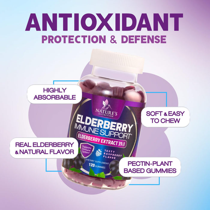Elderberry Immune Support Gummies - Super Concentrated 35:1 Extract, Equivalent to 4200mg of Elderberries - Sambucus Black Elder Berry Vitamin Supplement, Daily Support for Kids & Adults - 120 Gummies