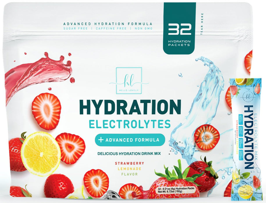 Electrolytes Hydration Packets - Keto Recovery Powder with Potassium, Magnesium, Sodium, Zinc & Vitamin C, Sugar-Free, Hydration Electrolyte Liquid Drink Mixes, Vegan, Strawberry Lemon (32 Pack)