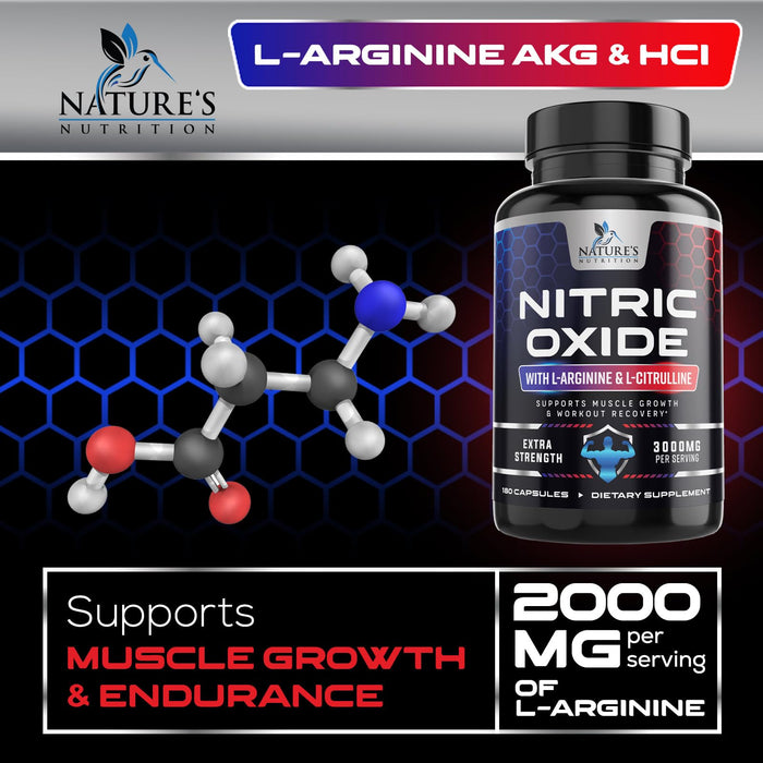 Nitric Oxide Booster Extra Strength 3000mg - L Arginine 3X Strength Nitric Oxide Supplements for Men and Women, Citrulline, Supports Muscle, Heart Health & Energy Supplement, Non-GMO - 180 Capsules