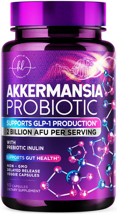 Akkermansia Probiotic with Prebiotic Fiber - Supports GLP-1 Production - 2 Billion AFU Strain for Digestive & Gut Health Support - Delayed Release, Third-Party Tested for Women & Men - 60 Capsules