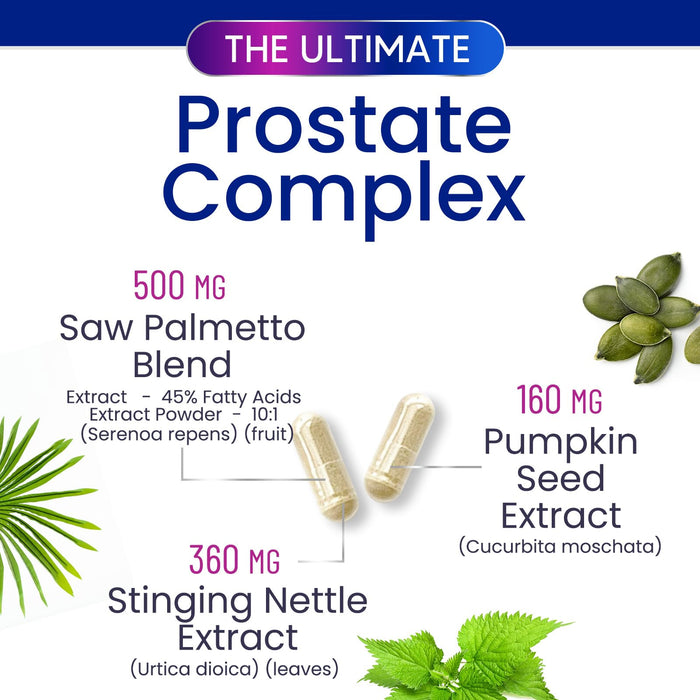 Prostate Health Supplements for Men - Potent 3X Formula with Saw Palmetto, Stinging Nettle, Pumpkin Seed Extract, Bottled in USA, Prostate Supplement for Urinary Support, Vegan, Non-GMO, 120 Capsules
