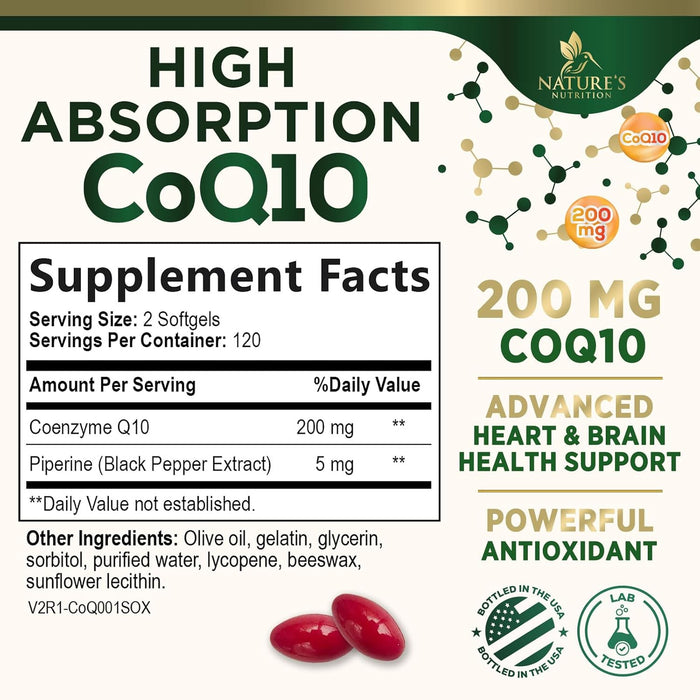 CoQ10 200mg Softgels - Extra Strength Coenzyme Q10 Supplement With Black Pepper Extract for Enhanced Absorption, CoQ10 Antioxidant Supplements for Heart Health & Cellular Energy Support - 240 Softgels
