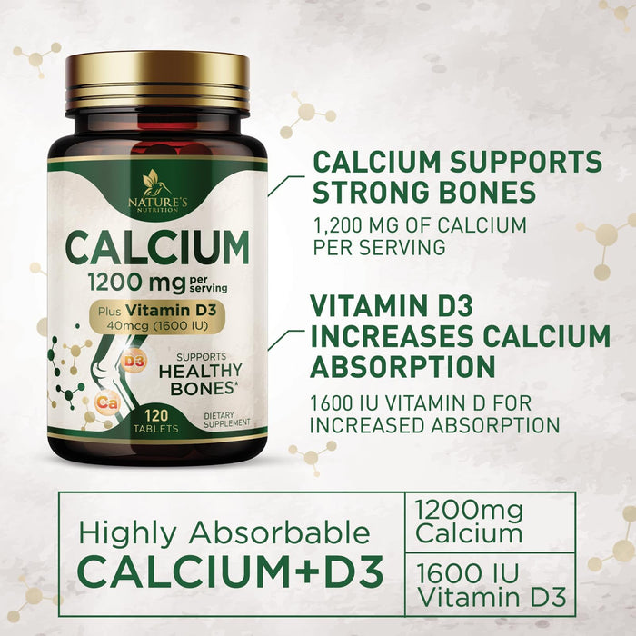 Calcium 1200 mg with Vitamin D3, Calcium Supplement Vitamins, Supports Bone Strength, Teeth & Immune System, Calcium Supplements for Women & Men, Nature's Absorbable Calcium Carbonate - 120 Tablets