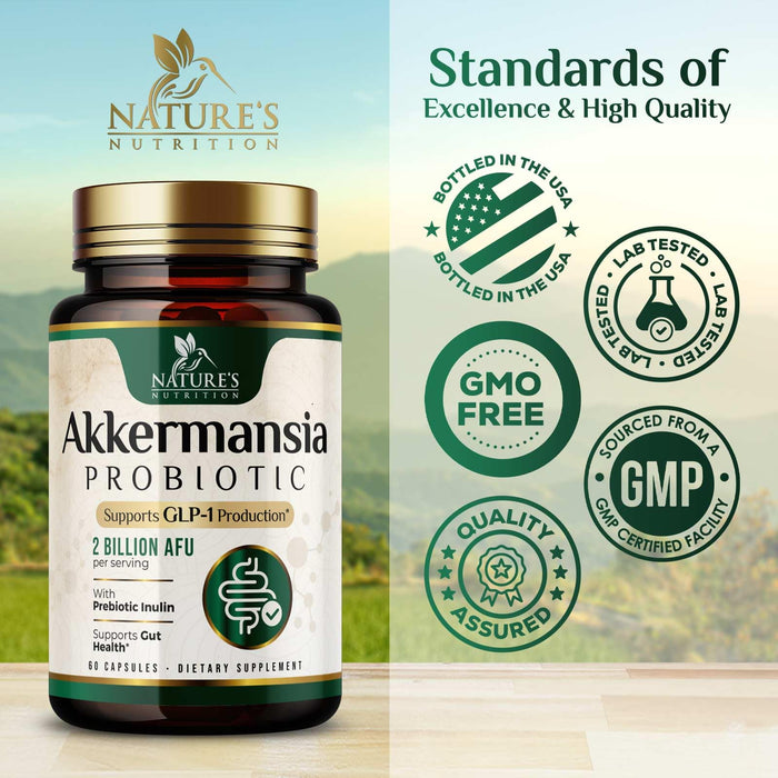Akkermansia Probiotic Supplement for Women & Men, Akkermansia Muciniphila GLP 1 Probiotics with Prebiotic, 2 Billion AFU, Natural Digestive, Gut Health, & GLP 1 Production Support, 60 Capsules