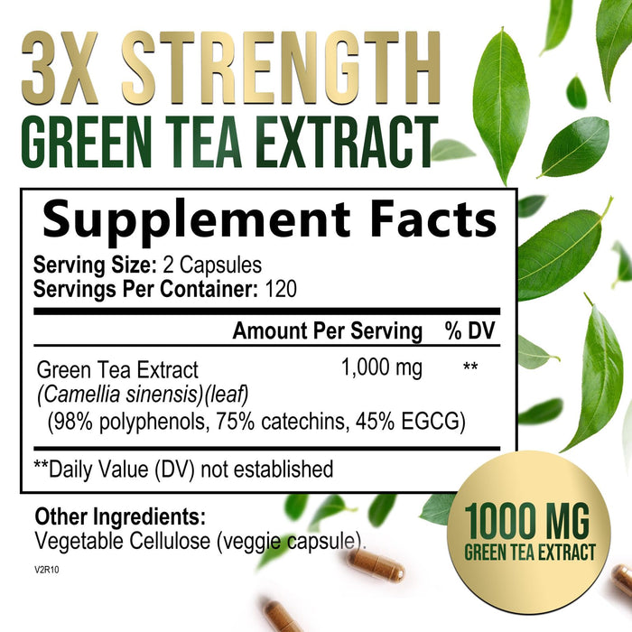 Green Tea Extract Capsules 1000mg 98% Standardized EGCG - 3X Strength for Natural Energy - Heart Support with Polyphenols - Gentle Caffeine - 240 Capsules
