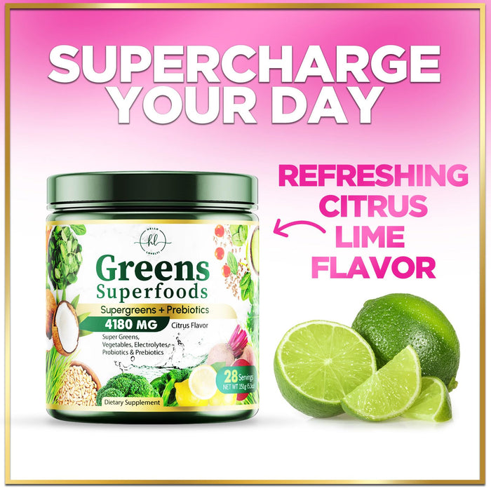 Greens Superfood Powder, Organic Spirulina & Chlorella Greens with Prebiotics & Probiotics, Gut Health & Bloating Support for Women, Green Drink Powder for Digestive & Energy Support - 28 Servings