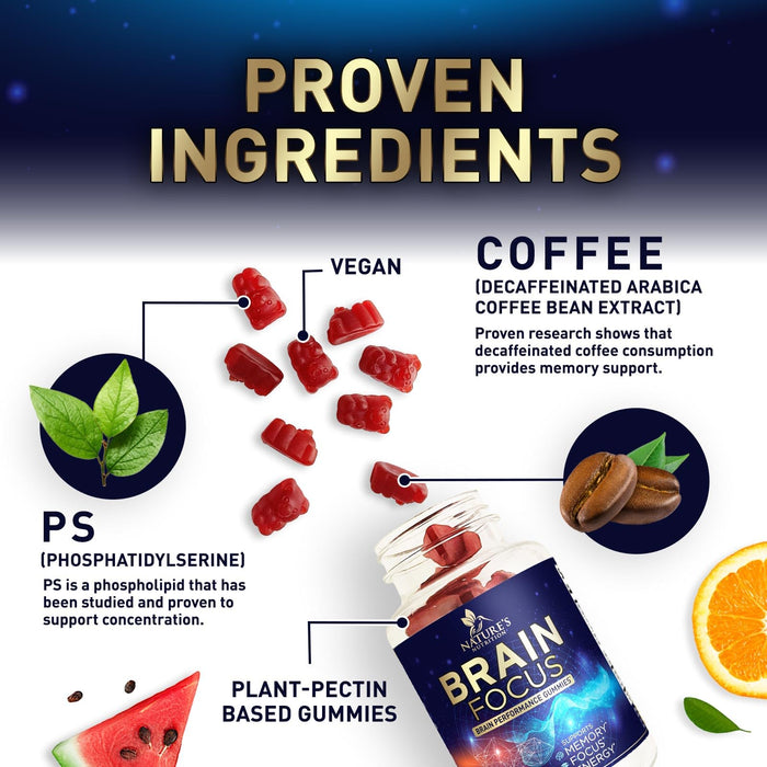 Brain Supplements for Memory and Focus with Phosphatidylserine, Nootropic Memory Supplement Gummy for Brain Health, Concentration, Mental & Cognitive Support, Focus Vitamins with B6 & B12-60 Gummies