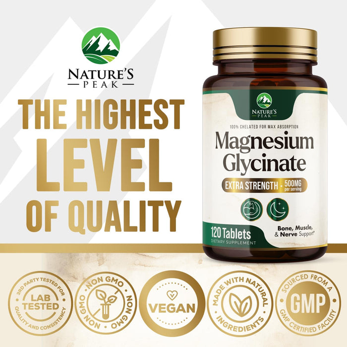 Magnesium Glycinate 500mg - Chelated for Ultra Absorption - Supports Bone, Muscle, Nerves & Heart Health, Nature's Sleep Support, Best Magnesium Supplement Pills for Whole Body Support - 120 Tablets