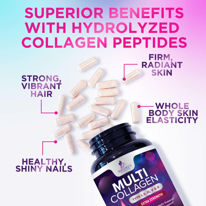 Multi Collagen Peptides Supplement - Hydrolyzed Types I, II, III, V & X Multi Collagen Pills, Hydrolyzed Collagen Peptides Supplements, Hair, Skin, Nail, and Joint Support Supplement, 120 Capsules