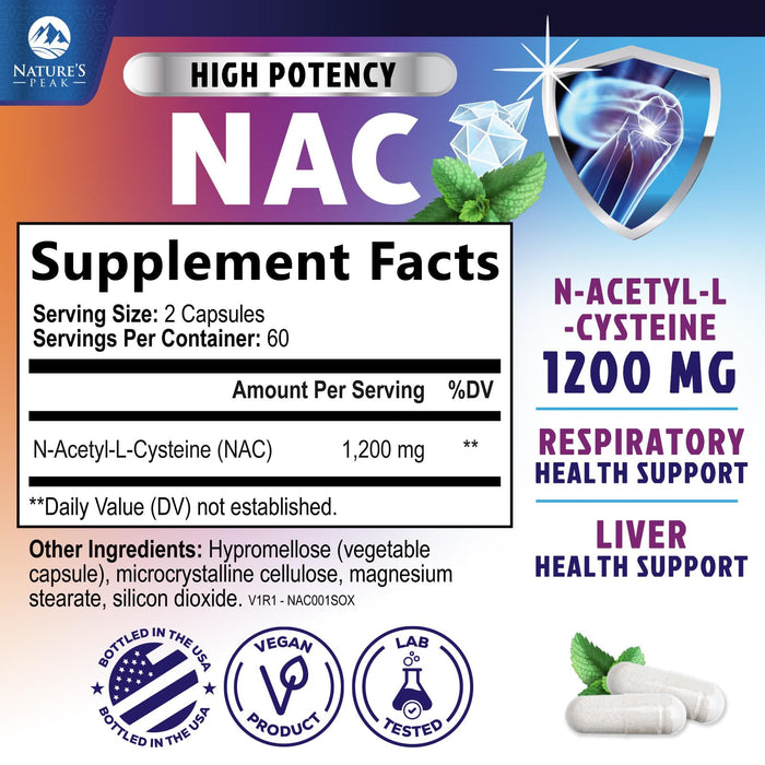 N-Acetyl Cysteine (NAC) 1200 mg – Premium Antioxidant & Immune Support - Glutathione Precursor for Liver, Lung & Respiratory Support – Nature's Fast Absorption, Non-GMO, Gluten-Free - 120 Capsules
