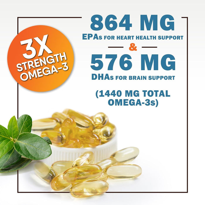 Omega 3 Fish Oil 2400 mg - Triple Strength EPA & DHA Fatty Acids for Heart, Brain & Joint Support Wild-Caught, Burpless, Lemon Flavor Supplement Natural, Non-GMO, Gluten-Free - 60 Softgels