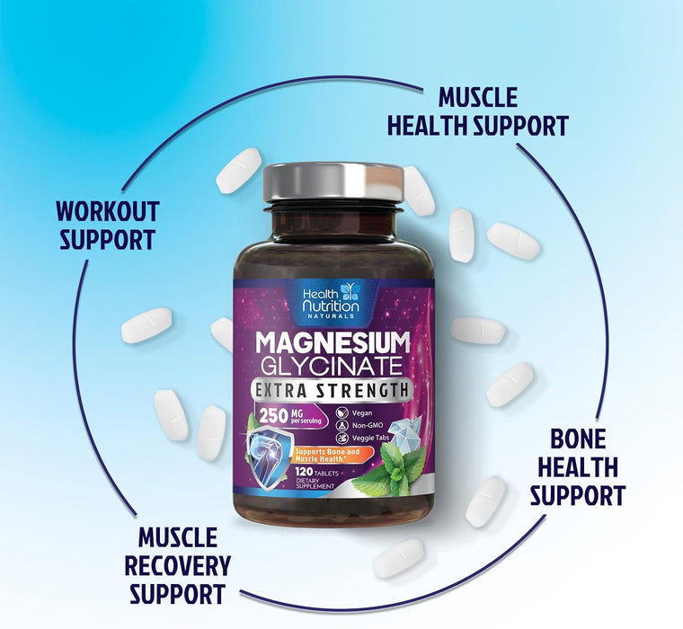 Magnesium Glycinate 250mg - 100% Chelated Magnesium for Max Absorption - Sleep Support, Muscle, Nerves, Bone & Heart Health Support, Best Mag Supplement, Vegan Non-GMO, 3rd Party Tested - 120 Tablets
