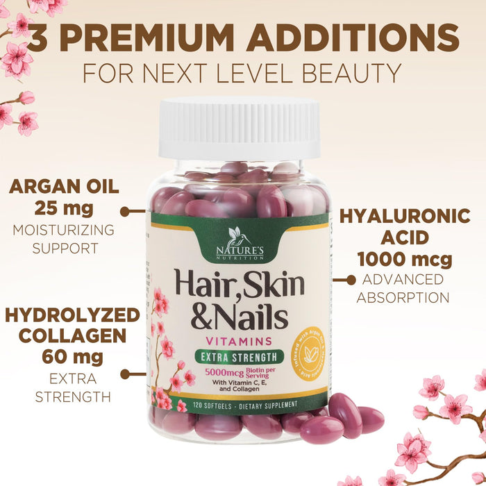 Hair Vitamins Biotin 5000 mcg Collagen for Hair Skin and Nails Vitamin Nature's, Supports Supplement Fast Fuller Thicker Healthy Growth Support, with Hyaluronic Acid Women & Men, Non-GMO, 120 Softgels