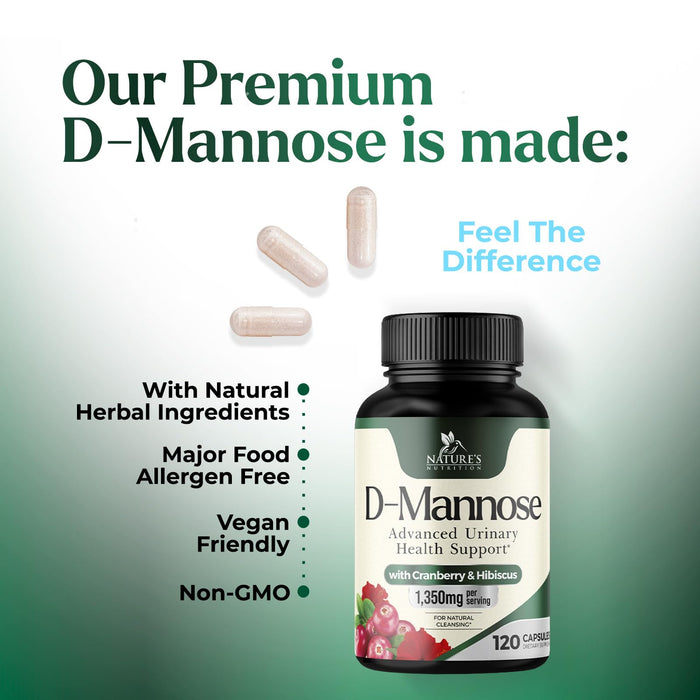 D-Mannose Supplement 1,350 mg with Cranberry & Hibiscus - Effective Fast-Acting, Flush the Impurities for Natural Bladder, Urinary Tract Health Support, for Women and Men, Non-GMO, Vegan, 120 Capsules