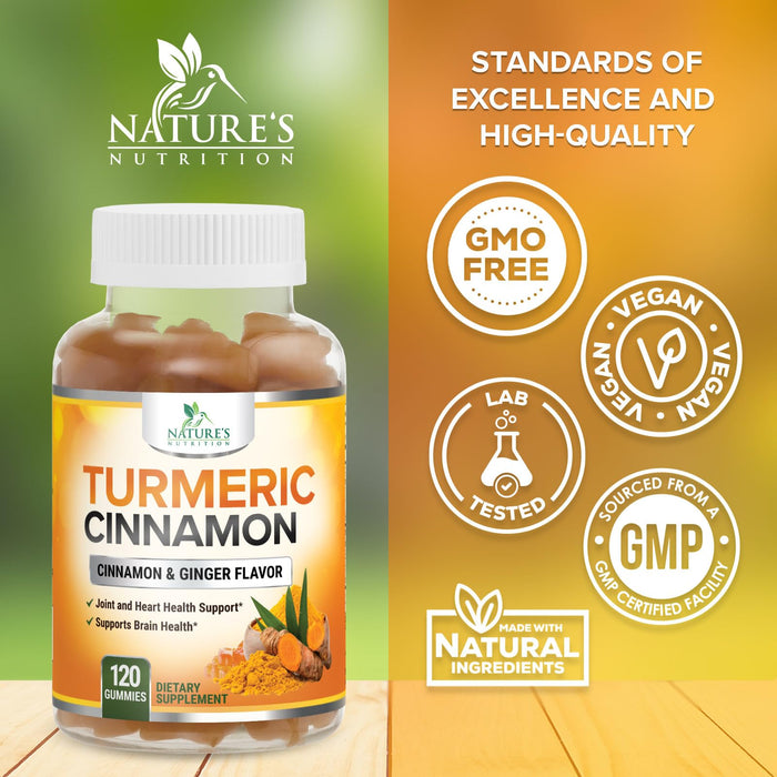Turmeric Curcumin Supplement Gummies with Ginger & Cinnamon, 95% Curcuminoids Turmeric Curcumin Gummy with Black Pepper for Best Absorption, Nature's Vegan Joint Support Tumeric, Non-GMO, 120 Gummies