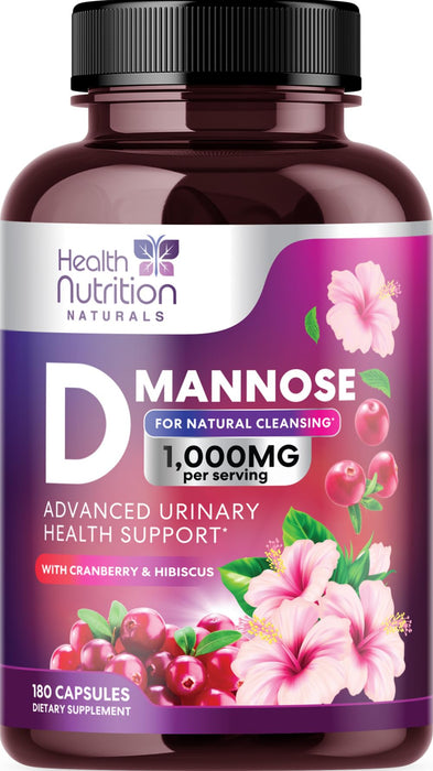 D-Mannose Supplement 1,350mg with Cranberry, Hibiscus & Dandelion - Fast-Acting, Natural Bladder & Urinary Tract Support for Women & Men – Flush & Cleanse Impurities – Non-GMO, Vegan – 180 Capsules