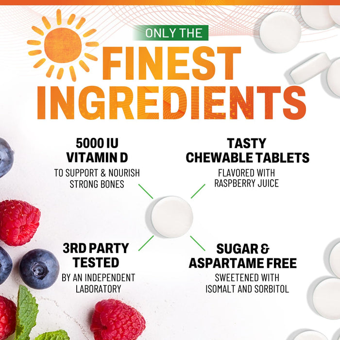 Vitamin D3 5000iu (125 mcg) Immune Health Support - High Potency Vitamin D Dietary Supplement for Bone, Teeth, Muscle - Nature's VIT D, Vegan, Gluten Free, Raspberry Flavor - 120 Chewable Tablets