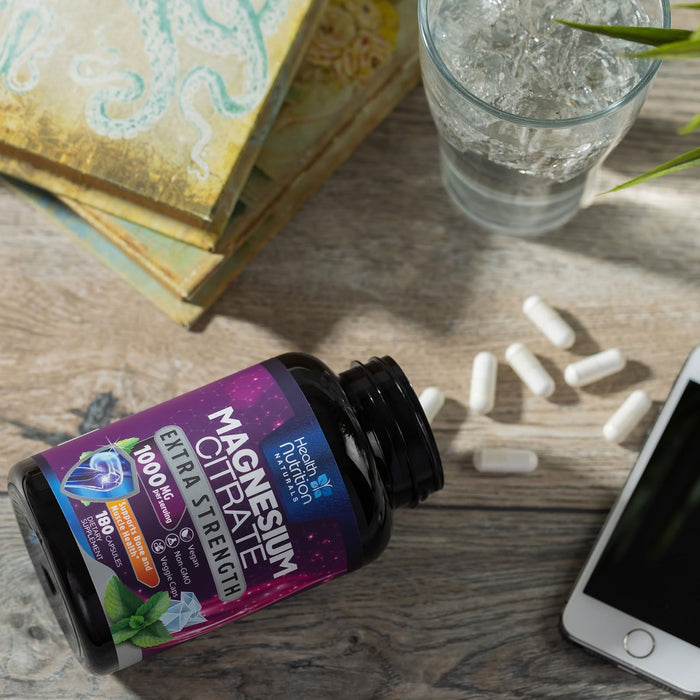 Magnesium Citrate Capsules 1000mg - Max Absorption Magnesium Powder for Muscle, Nerve, Bone and Heart Health Support, High Absorption Citrate Complex, Gluten Free, Non-GMO - 180 Capsules