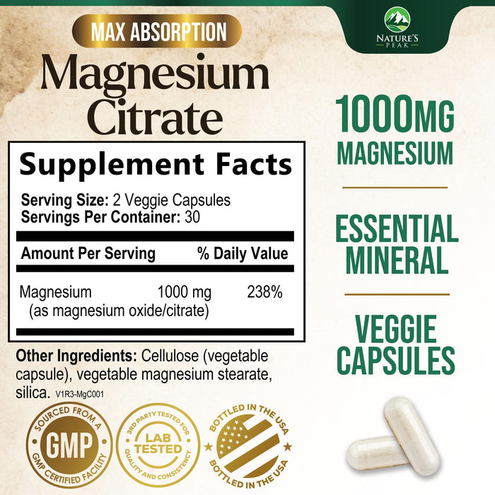 Magnesium Citrate 1000mg - High Absorption Magnesium Supplement Supports Muscle, Bone, Nerve & Heart Health - Extra Strength Magnesio Complex Pills - Non-GMO, Premium Energy Formula - 60 Capsules