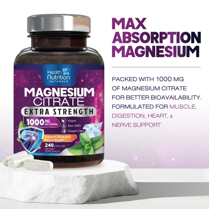 Magnesium Citrate Capsules 1000mg - Max Absorption Magnesium Powder for Muscle, Nerve, Bone and Heart Health Support, High Absorption Citrate Complex, Gluten Free, Non-GMO - 240 Capsules