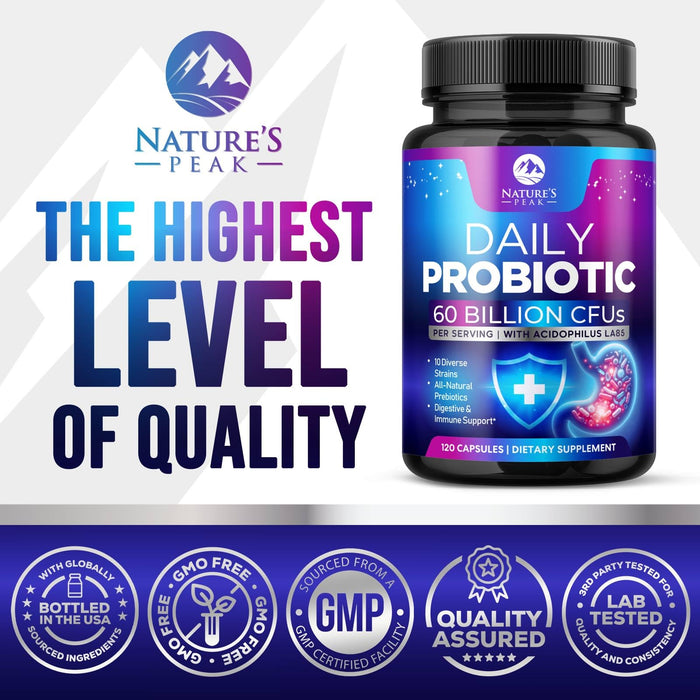 Probiotics 60 Billion CFU - 10 Strains + Digestive Enzymes & Prebiotics - Best Probiotic for Women & Men, Supports Immune, Gut Health, Occasional Constipation, Diarrhea, Gas & Bloating - 120 Capsules