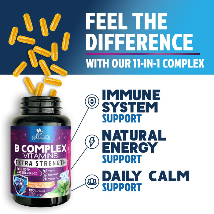 B Complex Vitamins Capsules with Vitamin B6 B12 B100 C Biotin Folate & Folic Acid - Supplement for Heart, Brain, & Nerve Support - Super Complete B-Complex for Immune & Energy Support - 120 Capsules