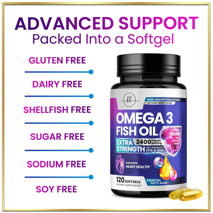 Omega 3 Fish Oil Supplements 2400mg - Triple Strength Omega 3 Fatty Acids, Natural Heart Health Brain & Joint Support - Fatty Acids with EPA & DHA - Wild Caught Fish Oil Supplement - 120 Softgels