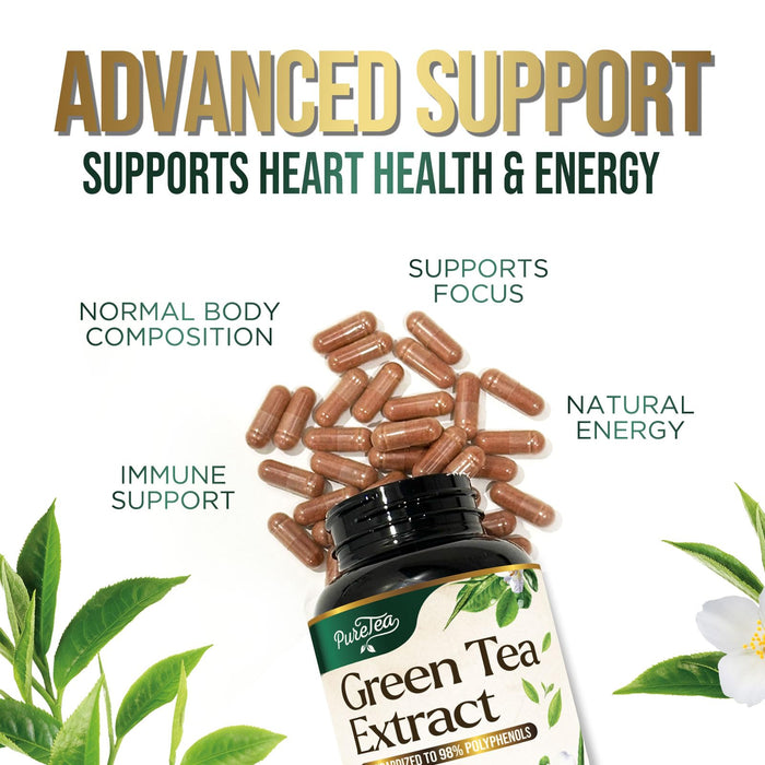 Green Tea Extract Capsules 1000mg with 98% Standardized Polyphenols & 45% EGCG for Heart Support with Antioxidants - 3X Absorption Green Tea Pills for Natural Energy, Gentle Caffeine - 240 Capsules