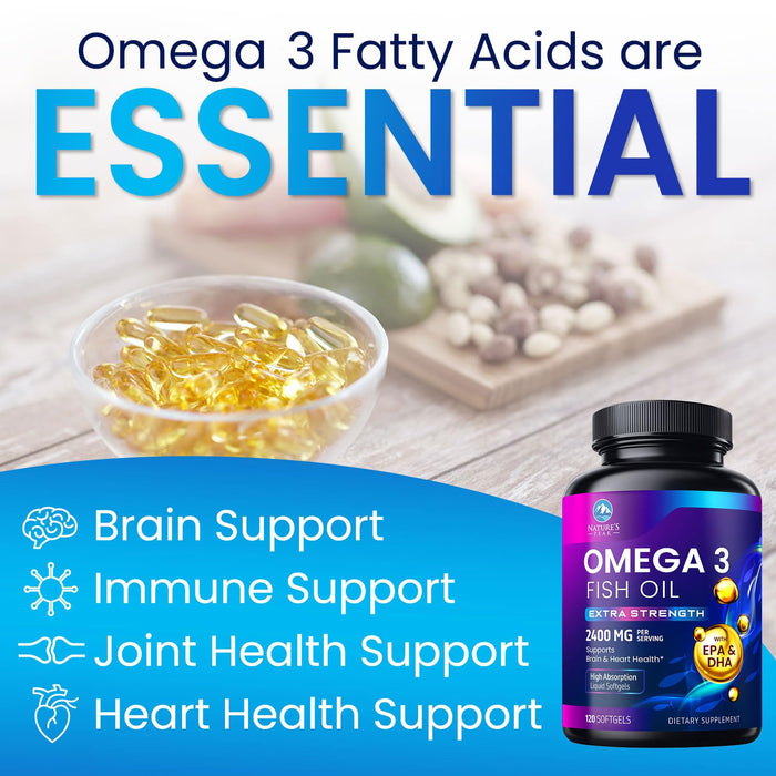 Omega 3 Fish Oil 2400 mg Supplement, Sustainably Sourced, Triple Strength Omega-3 Supplement Softgels, Brain Health Support, EPA & DHA Fish Oil Fatty Acids Supplements, Gluten & GMO Free, 120 Softgels