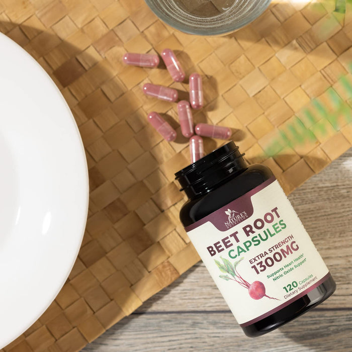 Beet Root Capsules 1300mg - Extra Strength Red Beetroot Powder Supplement – Supports Nitric Oxide Production, Heart Health & Natural Energy – Non-GMO, Vegan, Gluten Free – 120 Veggie Capsules