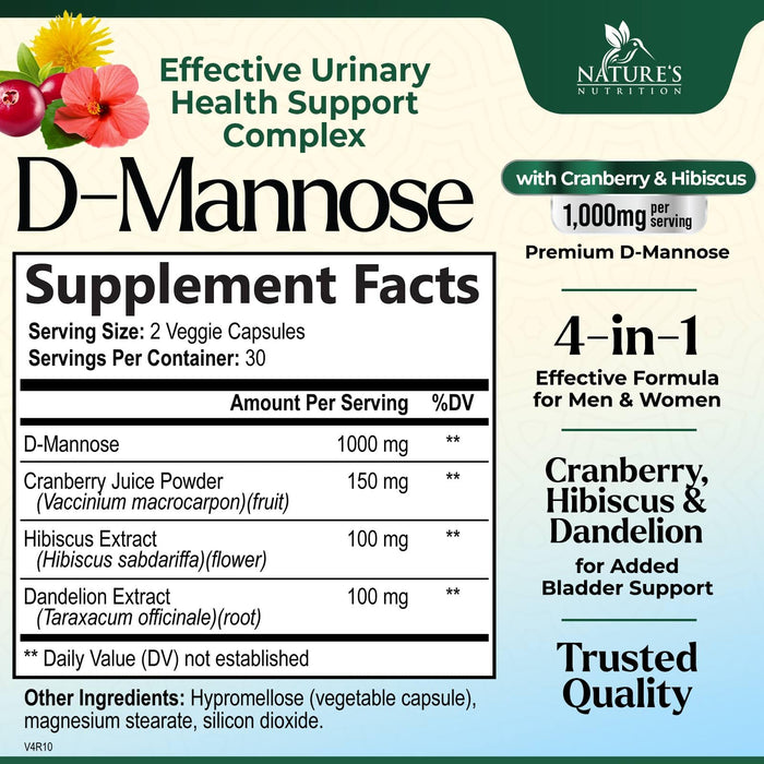 D-Mannose Supplement 1,350 mg with Cranberry & Hibiscus - Effective Fast-Acting, Flush The Impurities for Natural Bladder, Urinary Tract Health Support, for Women and Men, Non-GMO, Vegan, 60 Capsules