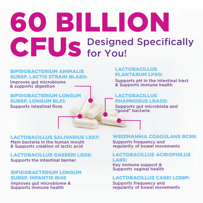 Probiotics 60 Billion CFU per Serving - 10 Strains + Prebiotics - Digestive Health, Gut & Immune Support - Supports Occasional Constipation, Gas & Bloating for Women & Men Shelf Stable - 60 Capsules