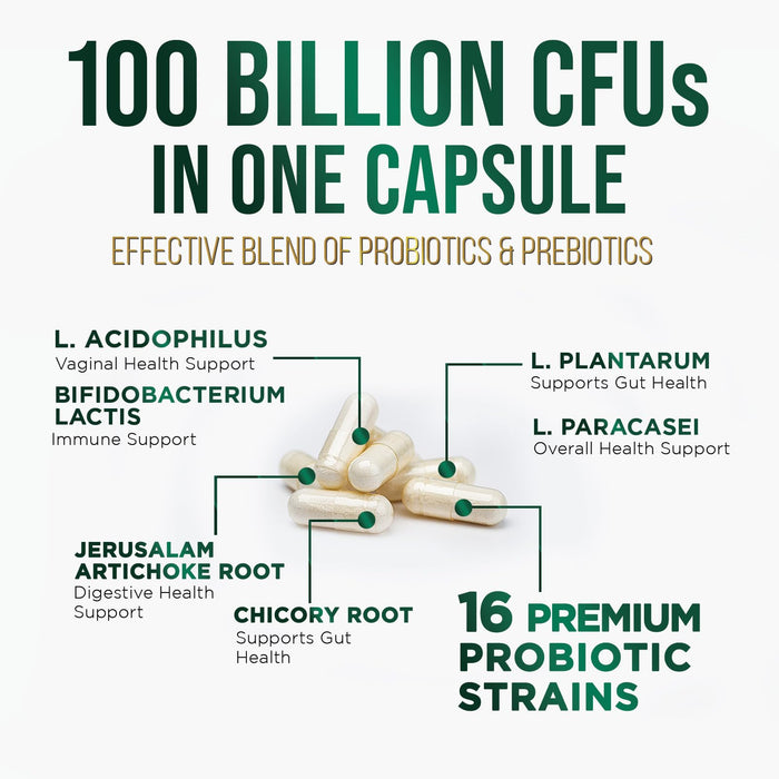 Probiotics for Women's Digestive Health - 100 Billion CFU, 16 Strains with Prebiotics, Supports Immune, Gut Health, PH, Gas & Bloating, Best Probiotic for Women & Men, Shelf Stable - 120 Capsules